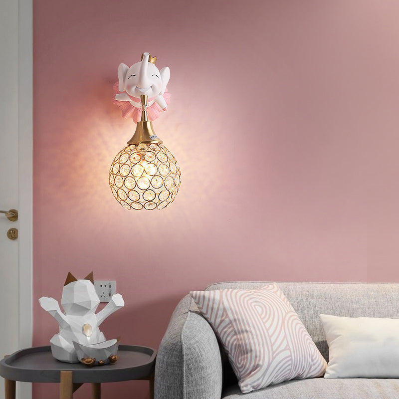 Hollowed out Ball Bedside Wall Mount Light Crystal 1 Head Artistic Wall Light Fixture with Animal Decor Pink B Clearhalo 'Wall Lamps & Sconces' 'Wall Lights' Lighting' 2187586