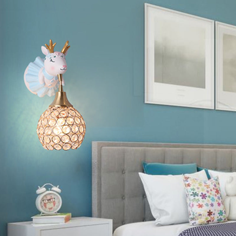 Hollowed out Ball Bedside Wall Mount Light Crystal 1 Head Artistic Wall Light Fixture with Animal Decor Blue A Clearhalo 'Wall Lamps & Sconces' 'Wall Lights' Lighting' 2187589