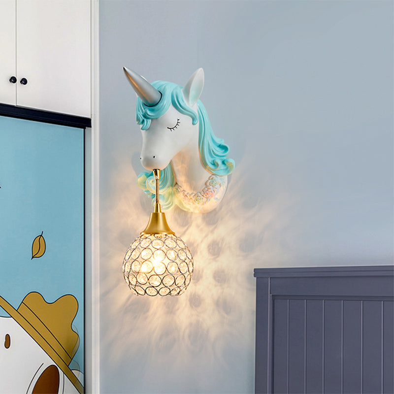 Hollowed out Wall Lamp Nordic Crystal Single Wall Light Fixture with Unicorn Decor Blue Globe Clearhalo 'Wall Lamps & Sconces' 'Wall Lights' Lighting' 2187610