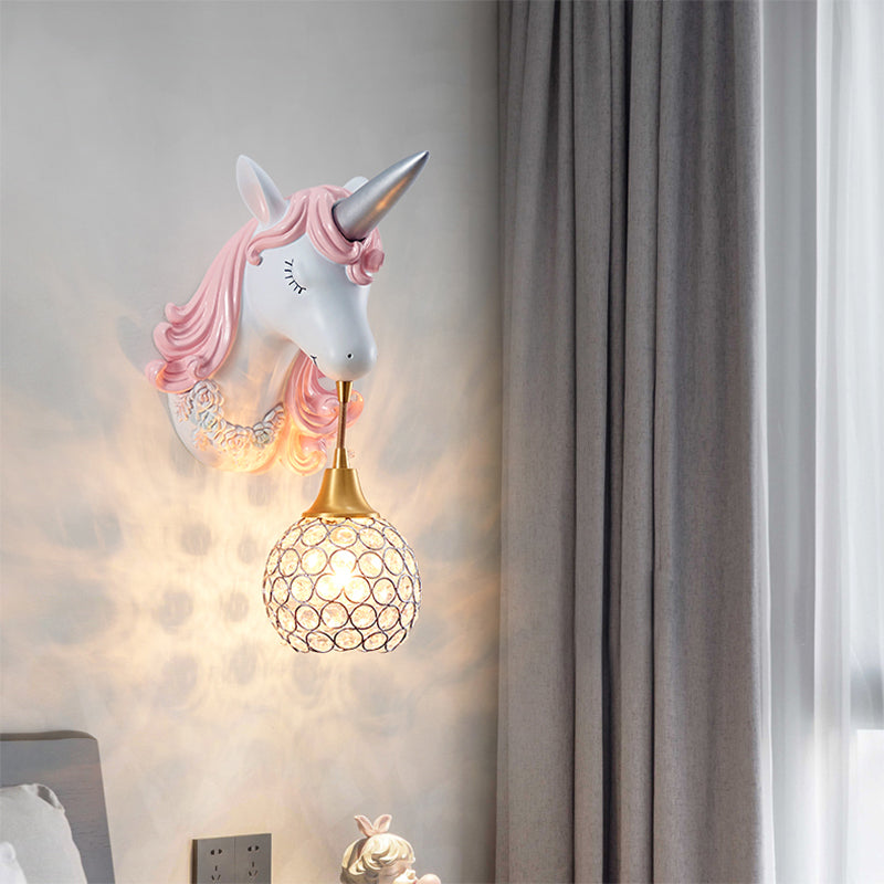 Hollowed out Wall Lamp Nordic Crystal Single Wall Light Fixture with Unicorn Decor Pink Globe Clearhalo 'Wall Lamps & Sconces' 'Wall Lights' Lighting' 2187616