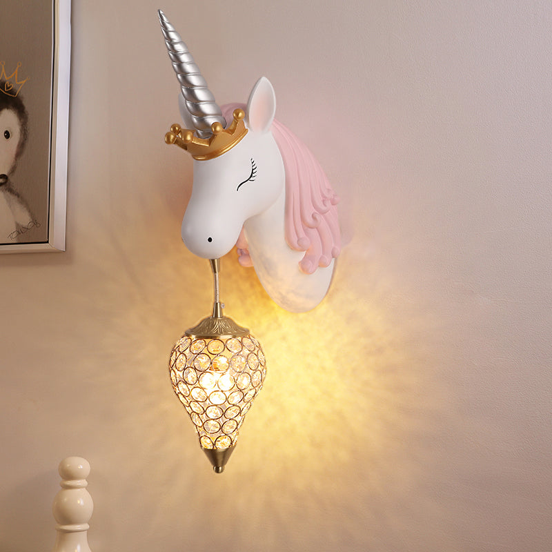 Resin Unicorn Wall Light Cartoon Single-Bulb Wall Lighting Fixture with Crystal Shade Clearhalo 'Wall Lamps & Sconces' 'Wall Lights' Lighting' 2187621