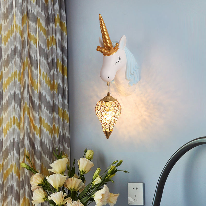 Resin Unicorn Wall Light Cartoon Single-Bulb Wall Lighting Fixture with Crystal Shade Clearhalo 'Wall Lamps & Sconces' 'Wall Lights' Lighting' 2187623