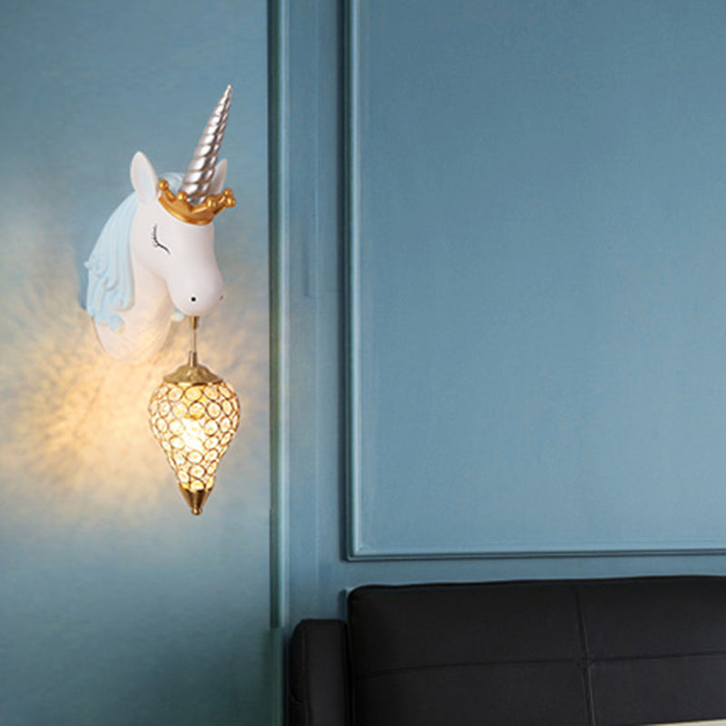 Resin Unicorn Wall Light Cartoon Single-Bulb Wall Lighting Fixture with Crystal Shade Clearhalo 'Wall Lamps & Sconces' 'Wall Lights' Lighting' 2187624