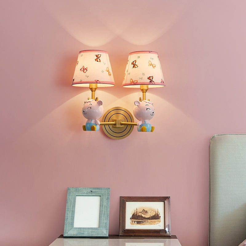 Empire Shade Fabric Wall Light Modern Pink Wall Light Fixture with Resin Sheep for Kids Bedroom Clearhalo 'Wall Lamps & Sconces' 'Wall Lights' Lighting' 2187626