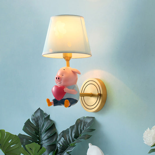 Tapered Shade Wall Lighting Simplicity Pink Wall Mounted Light with Decorative Pig Clearhalo 'Wall Lamps & Sconces' 'Wall Lights' Lighting' 2187637