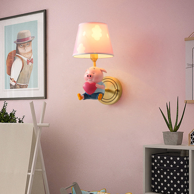 Tapered Shade Wall Lighting Simplicity Pink Wall Mounted Light with Decorative Pig Clearhalo 'Wall Lamps & Sconces' 'Wall Lights' Lighting' 2187639