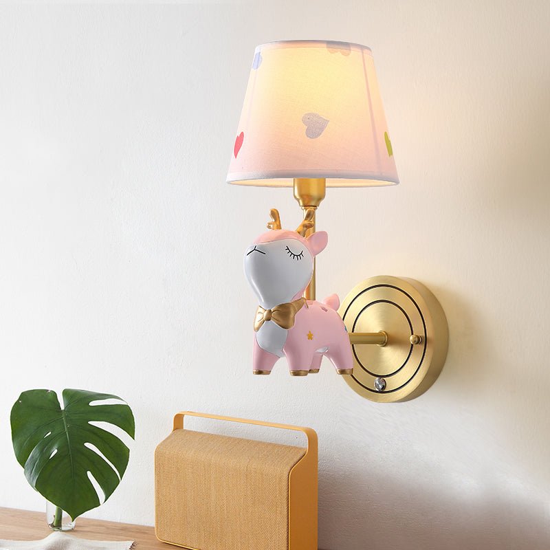 Deer Wall Mount Light Kids Resin Child Room Wall Lighting with Tapered Fabric Shade in Pink Clearhalo 'Wall Lamps & Sconces' 'Wall Lights' Lighting' 2187660