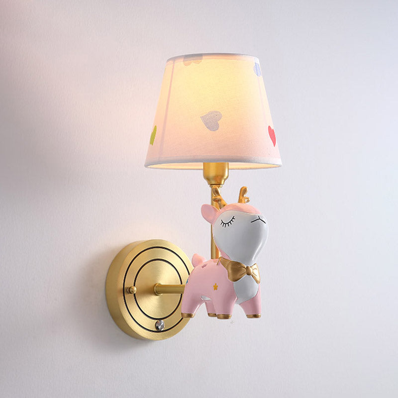 Deer Wall Mount Light Kids Resin Child Room Wall Lighting with Tapered Fabric Shade in Pink Clearhalo 'Wall Lamps & Sconces' 'Wall Lights' Lighting' 2187661