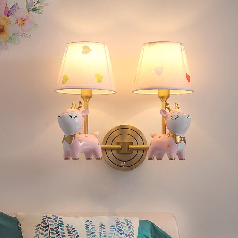 Deer Wall Mount Light Kids Resin Child Room Wall Lighting with Tapered Fabric Shade in Pink 2.0 Pink Clearhalo 'Wall Lamps & Sconces' 'Wall Lights' Lighting' 2187663