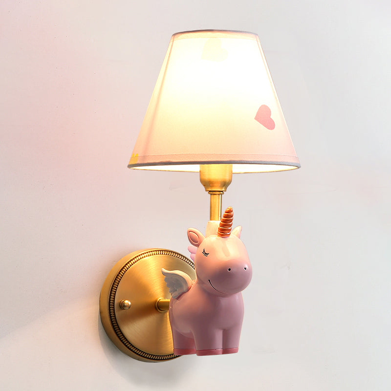 Empire Shade Nursery Wall Light Fabric Pink Cartoon Wall Lighting Fixture with Resin Unicorn Clearhalo 'Wall Lamps & Sconces' 'Wall Lights' Lighting' 2187672