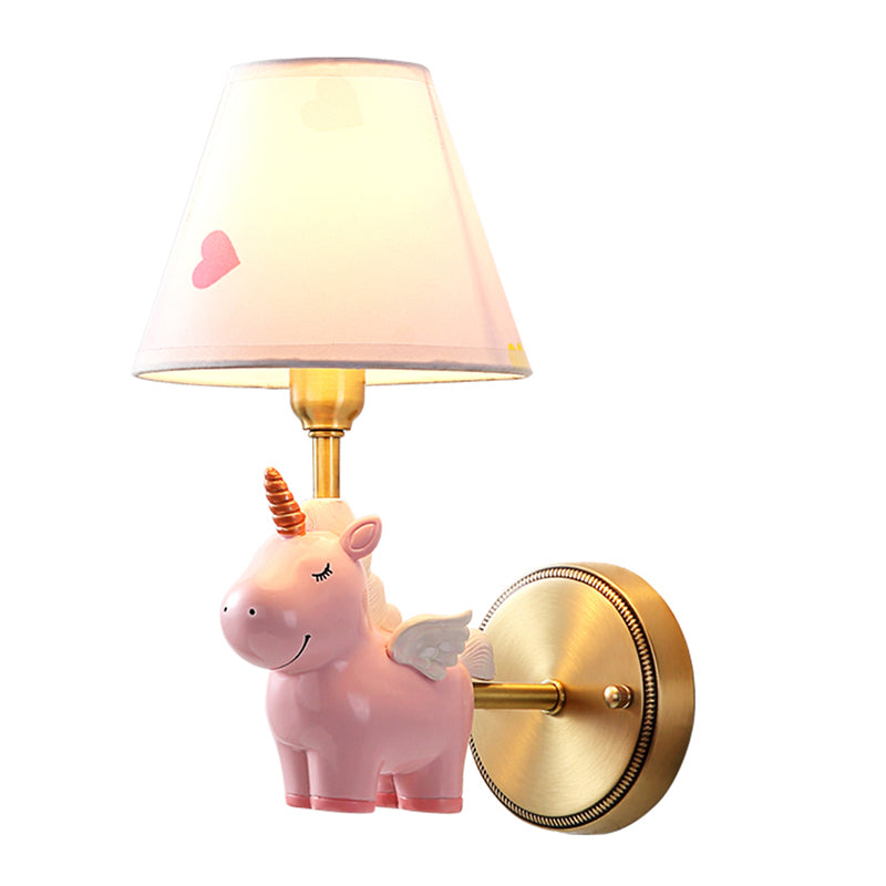 Empire Shade Nursery Wall Light Fabric Pink Cartoon Wall Lighting Fixture with Resin Unicorn Clearhalo 'Wall Lamps & Sconces' 'Wall Lights' Lighting' 2187673