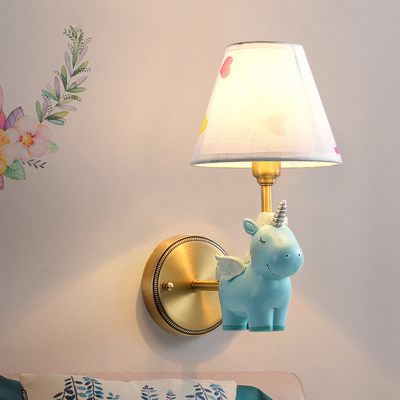 Empire Shade Nursery Wall Light Fabric Pink Cartoon Wall Lighting Fixture with Resin Unicorn 1.0 Blue Clearhalo 'Wall Lamps & Sconces' 'Wall Lights' Lighting' 2187675