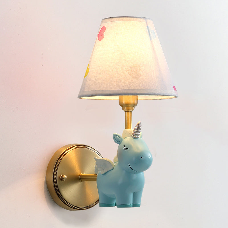 Empire Shade Nursery Wall Light Fabric Pink Cartoon Wall Lighting Fixture with Resin Unicorn Clearhalo 'Wall Lamps & Sconces' 'Wall Lights' Lighting' 2187676