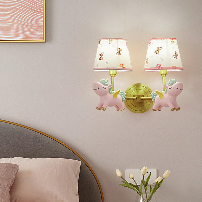 Patterned Fabric Tapered Wall Light Fixture Cartoon Wall Mounted Lamp with Decorative Unicorn 2.0 Pink Clearhalo 'Wall Lamps & Sconces' 'Wall Lights' Lighting' 2187688