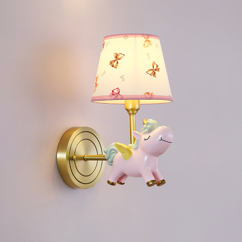 Patterned Fabric Tapered Wall Light Fixture Cartoon Wall Mounted Lamp with Decorative Unicorn 1.0 Pink Clearhalo 'Wall Lamps & Sconces' 'Wall Lights' Lighting' 2187693