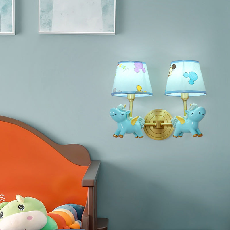 Patterned Fabric Tapered Wall Light Fixture Cartoon Wall Mounted Lamp with Decorative Unicorn 2.0 Blue Clearhalo 'Wall Lamps & Sconces' 'Wall Lights' Lighting' 2187694