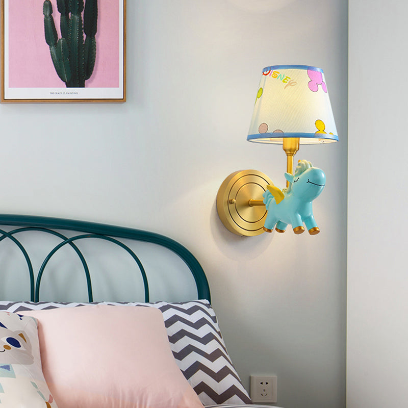 Patterned Fabric Tapered Wall Light Fixture Cartoon Wall Mounted Lamp with Decorative Unicorn 1.0 Blue Clearhalo 'Wall Lamps & Sconces' 'Wall Lights' Lighting' 2187695