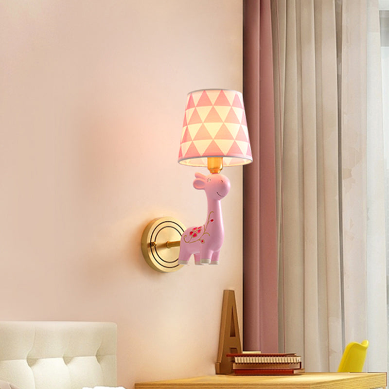 Giraffe Resin Wall Mount Light Kids Pink Wall Lighting with Patterned Fabric Shade 1.0 Pink Clearhalo 'Wall Lamps & Sconces' 'Wall Lights' Lighting' 2187696