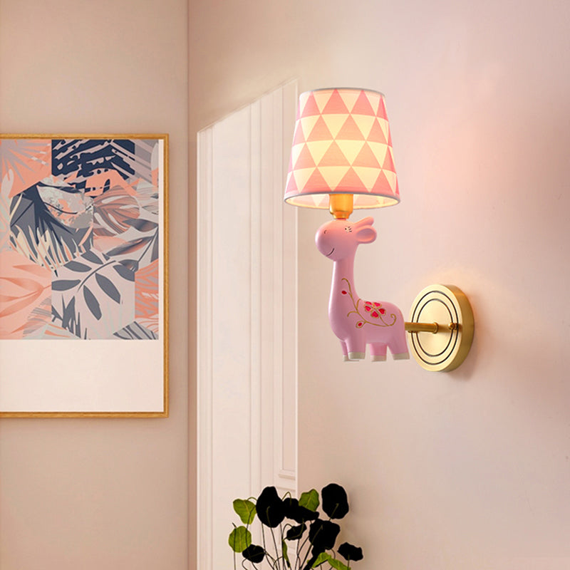 Giraffe Resin Wall Mount Light Kids Pink Wall Lighting with Patterned Fabric Shade Clearhalo 'Wall Lamps & Sconces' 'Wall Lights' Lighting' 2187698