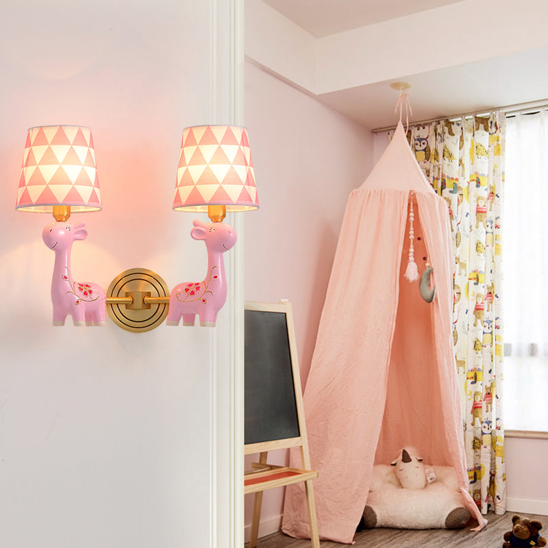 Giraffe Resin Wall Mount Light Kids Pink Wall Lighting with Patterned Fabric Shade 2.0 Pink Clearhalo 'Wall Lamps & Sconces' 'Wall Lights' Lighting' 2187700