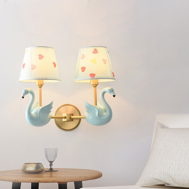 Empire Shade Bedside Wall Lamp Patterned Fabric Kids Wall Light Fixture with Resin Swan 2.0 Blue Clearhalo 'Wall Lamps & Sconces' 'Wall Lights' Lighting' 2187703