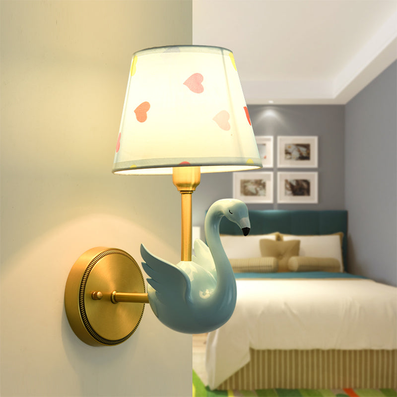 Empire Shade Bedside Wall Lamp Patterned Fabric Kids Wall Light Fixture with Resin Swan 1.0 Blue Clearhalo 'Wall Lamps & Sconces' 'Wall Lights' Lighting' 2187707