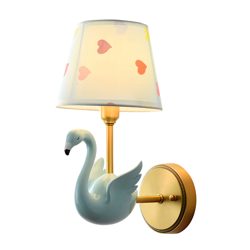 Empire Shade Bedside Wall Lamp Patterned Fabric Kids Wall Light Fixture with Resin Swan Clearhalo 'Wall Lamps & Sconces' 'Wall Lights' Lighting' 2187708