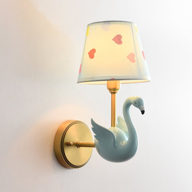 Empire Shade Bedside Wall Lamp Patterned Fabric Kids Wall Light Fixture with Resin Swan Clearhalo 'Wall Lamps & Sconces' 'Wall Lights' Lighting' 2187709