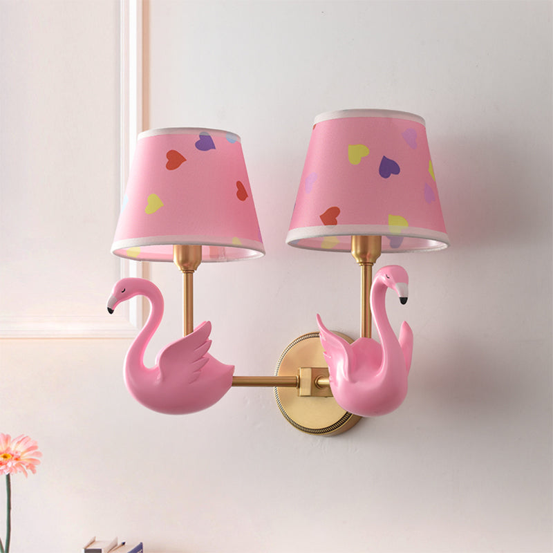 Empire Shade Bedside Wall Lamp Patterned Fabric Kids Wall Light Fixture with Resin Swan 2.0 Pink Clearhalo 'Wall Lamps & Sconces' 'Wall Lights' Lighting' 2187710