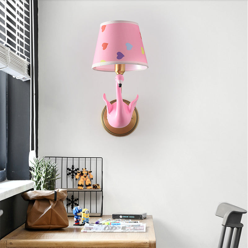 Empire Shade Bedside Wall Lamp Patterned Fabric Kids Wall Light Fixture with Resin Swan 1.0 Pink Clearhalo 'Wall Lamps & Sconces' 'Wall Lights' Lighting' 2187712