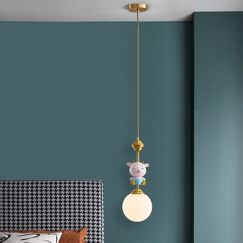 Cartoon Sphere Ceiling Light Opal Glass Single Bedroom Hanging Pendant Light with Decorative Sheep in Gold Gold Clearhalo 'Ceiling Lights' 'Pendant Lights' 'Pendants' Lighting' 2187714_e9ab0906-bfb8-4f18-8ffb-3a5a2193f42a