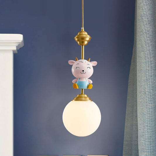 Cartoon Sphere Ceiling Light Opal Glass Single Bedroom Hanging Pendant Light with Decorative Sheep in Gold Clearhalo 'Ceiling Lights' 'Pendant Lights' 'Pendants' Lighting' 2187715