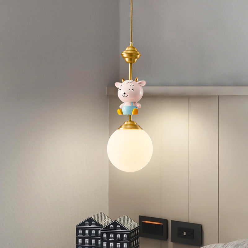 Cartoon Sphere Ceiling Light Opal Glass Single Bedroom Hanging Pendant Light with Decorative Sheep in Gold Clearhalo 'Ceiling Lights' 'Pendant Lights' 'Pendants' Lighting' 2187717