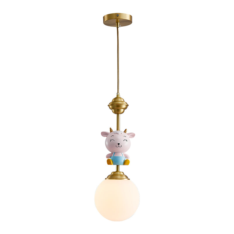 Cartoon Sphere Ceiling Light Opal Glass Single Bedroom Hanging Pendant Light with Decorative Sheep in Gold Clearhalo 'Ceiling Lights' 'Pendant Lights' 'Pendants' Lighting' 2187718