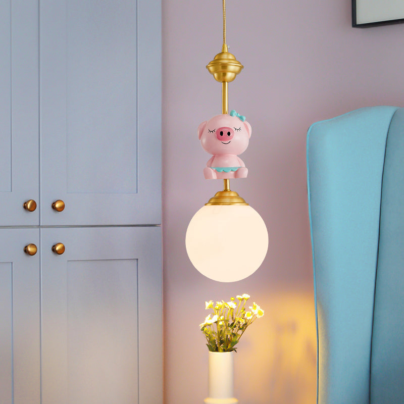 Pig Pendant Light Kids Style Resin Single-Bulb Nursery Suspension Light with Globe Opal Glass Shade in Gold Clearhalo 'Ceiling Lights' 'Pendant Lights' 'Pendants' Lighting' 2187719