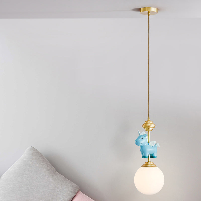 Cream Glass Globe Suspension Light Kids 1-Light Pendant Light Fixture with Resin Unicorn Clearhalo 'Ceiling Lights' 'Pendant Lights' 'Pendants' Lighting' 2187723