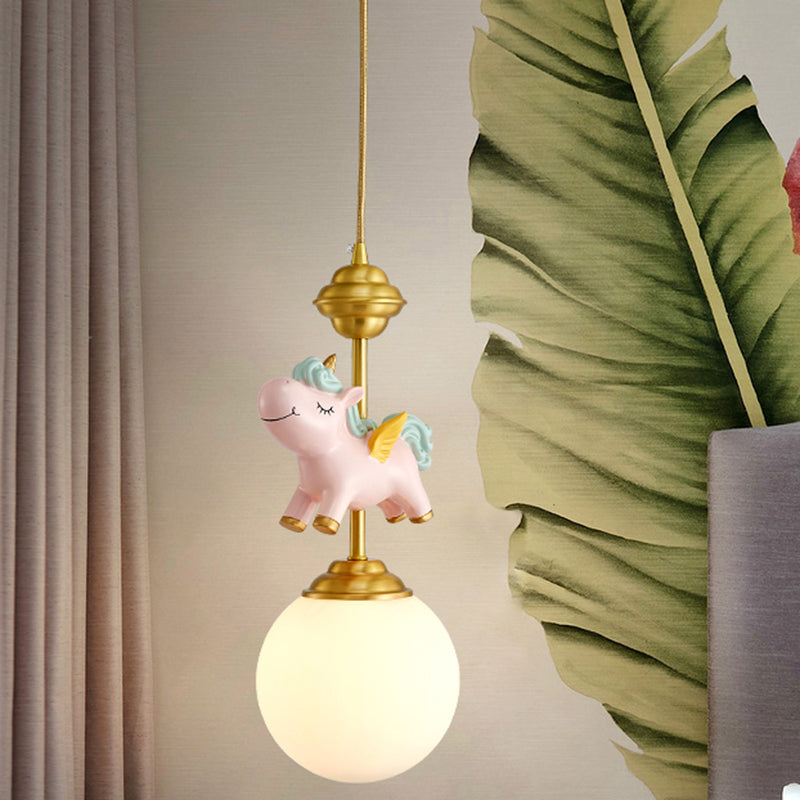 Cream Glass Globe Suspension Light Kids 1-Light Pendant Light Fixture with Resin Unicorn Clearhalo 'Ceiling Lights' 'Pendant Lights' 'Pendants' Lighting' 2187725