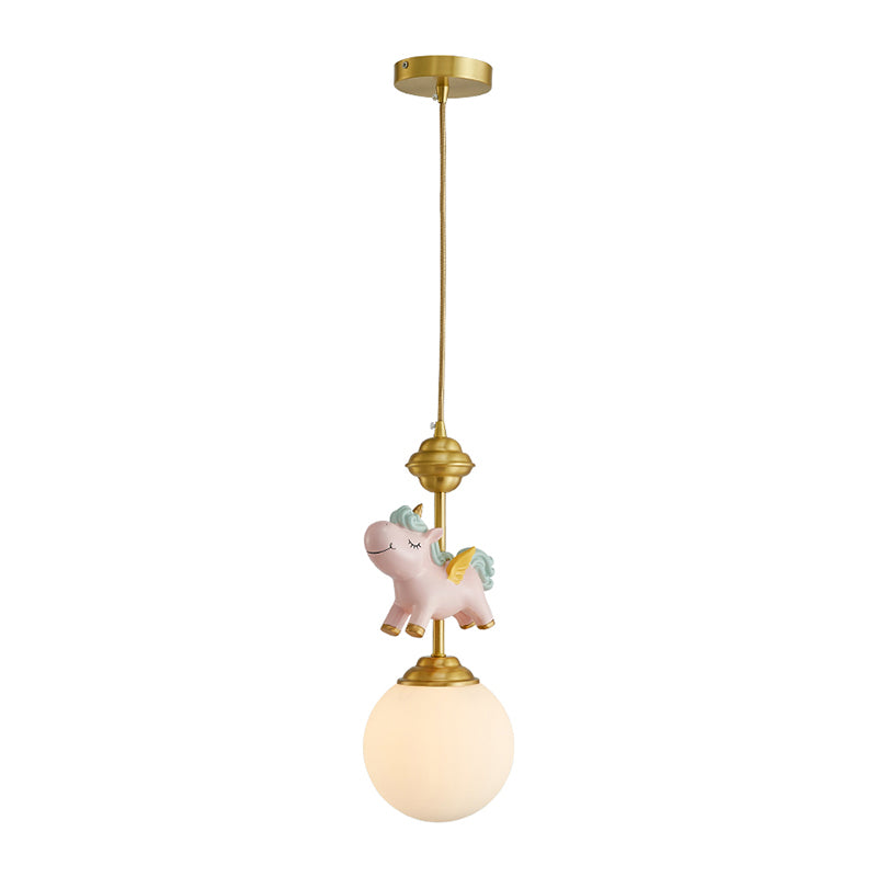 Cream Glass Globe Suspension Light Kids 1-Light Pendant Light Fixture with Resin Unicorn Clearhalo 'Ceiling Lights' 'Pendant Lights' 'Pendants' Lighting' 2187726