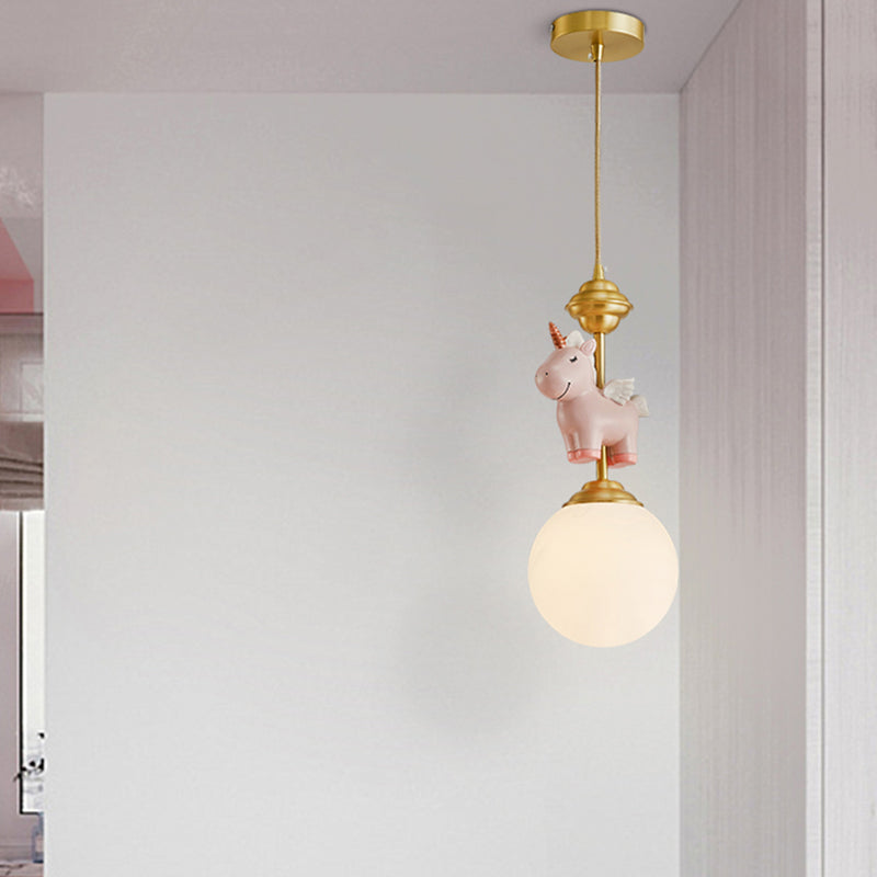 Cream Glass Globe Suspension Light Kids 1-Light Pendant Light Fixture with Resin Unicorn Clearhalo 'Ceiling Lights' 'Pendant Lights' 'Pendants' Lighting' 2187727