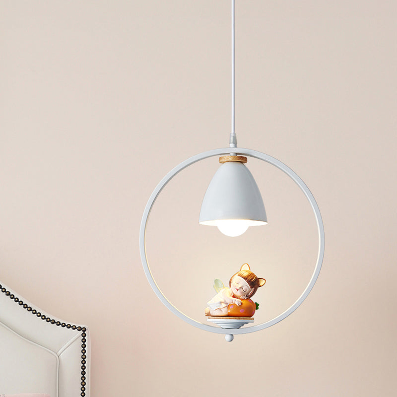 Tapered Shade Metallic Suspension Light Kids Single Textured White Pendant Light with Halo Ring and Resin Figurine Clearhalo 'Ceiling Lights' 'Pendant Lights' 'Pendants' Lighting' 2187728