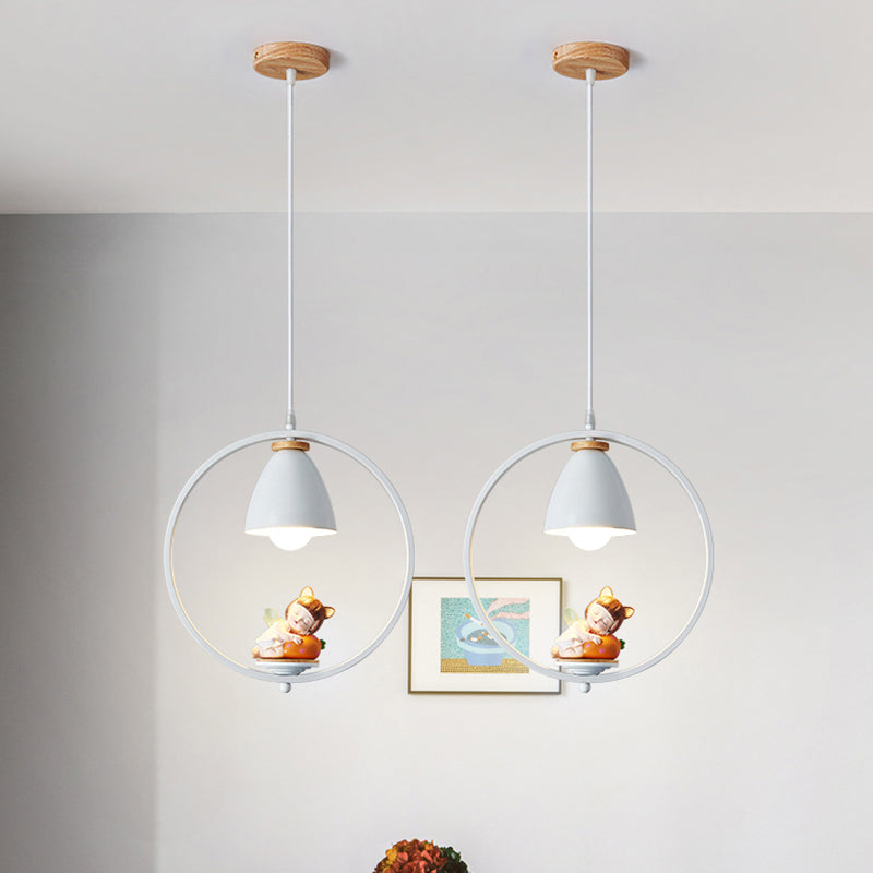 Tapered Shade Metallic Suspension Light Kids Single Textured White Pendant Light with Halo Ring and Resin Figurine Clearhalo 'Ceiling Lights' 'Pendant Lights' 'Pendants' Lighting' 2187730