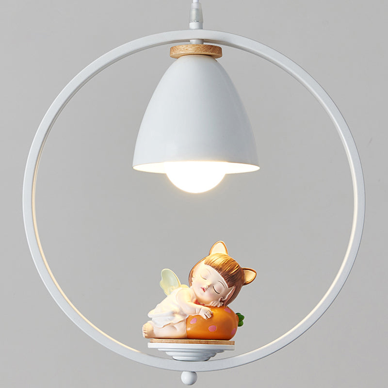 Tapered Shade Metallic Suspension Light Kids Single Textured White Pendant Light with Halo Ring and Resin Figurine Clearhalo 'Ceiling Lights' 'Pendant Lights' 'Pendants' Lighting' 2187731