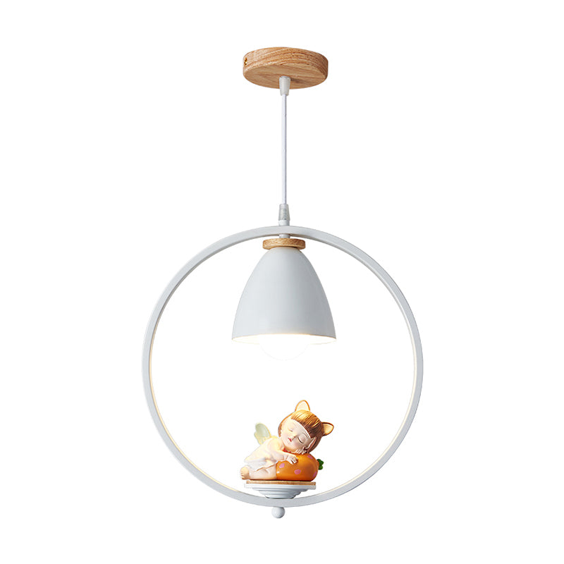 Tapered Shade Metallic Suspension Light Kids Single Textured White Pendant Light with Halo Ring and Resin Figurine Clearhalo 'Ceiling Lights' 'Pendant Lights' 'Pendants' Lighting' 2187733