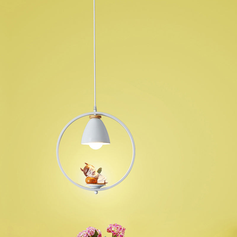 Tapered Shade Metallic Suspension Light Kids Single Textured White Pendant Light with Halo Ring and Resin Figurine Textured White B Clearhalo 'Ceiling Lights' 'Pendant Lights' 'Pendants' Lighting' 2187734_d05df344-86f4-4380-844a-925915a940bd