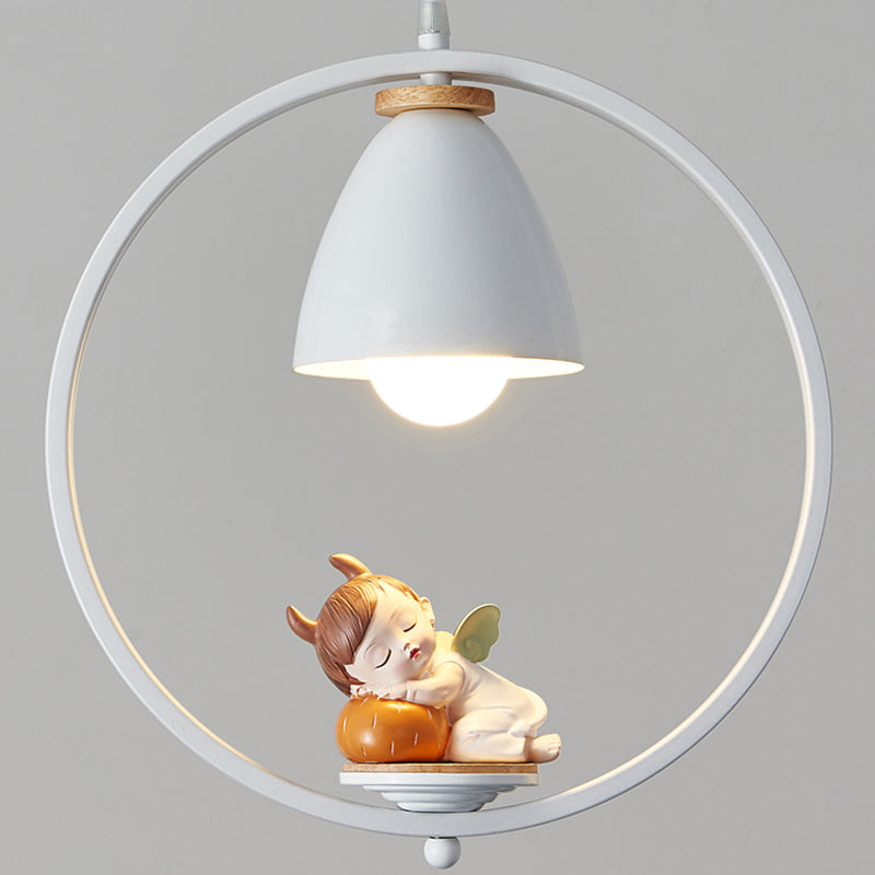 Tapered Shade Metallic Suspension Light Kids Single Textured White Pendant Light with Halo Ring and Resin Figurine Clearhalo 'Ceiling Lights' 'Pendant Lights' 'Pendants' Lighting' 2187735