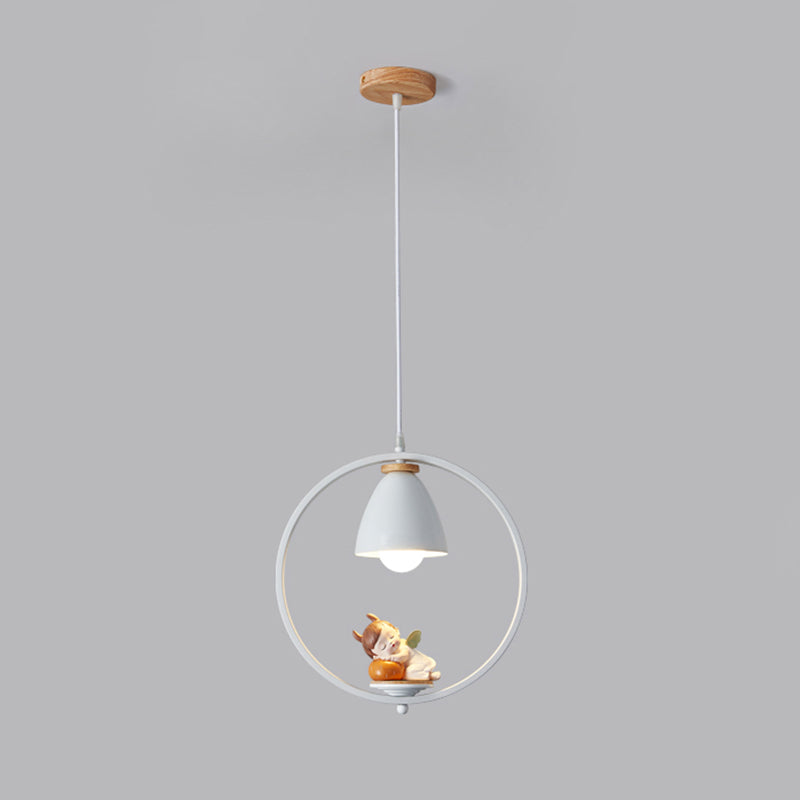 Tapered Shade Metallic Suspension Light Kids Single Textured White Pendant Light with Halo Ring and Resin Figurine Clearhalo 'Ceiling Lights' 'Pendant Lights' 'Pendants' Lighting' 2187737