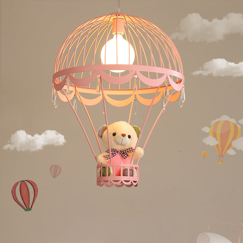 Hot Air Balloon Bedside Ceiling Light Metal Single Cartoon Hanging Lamp with Bear and Crystal Accent Pink Clearhalo 'Ceiling Lights' 'Pendant Lights' 'Pendants' Lighting' 2187739_ed493094-428e-4d97-8fb1-84fa1922247a