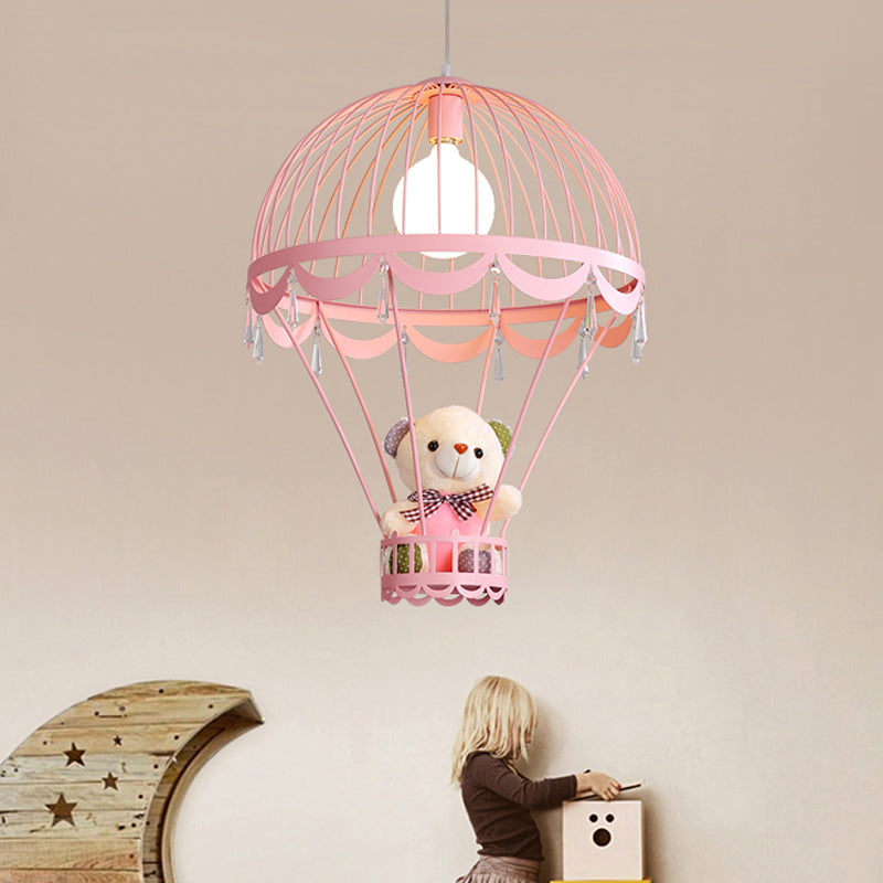 Hot Air Balloon Bedside Ceiling Light Metal Single Cartoon Hanging Lamp with Bear and Crystal Accent Clearhalo 'Ceiling Lights' 'Pendant Lights' 'Pendants' Lighting' 2187741