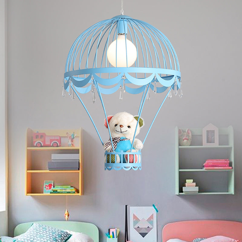 Hot Air Balloon Bedside Ceiling Light Metal Single Cartoon Hanging Lamp with Bear and Crystal Accent Blue Clearhalo 'Ceiling Lights' 'Pendant Lights' 'Pendants' Lighting' 2187745_53665b47-1240-41c9-8354-29bdcff0fd14