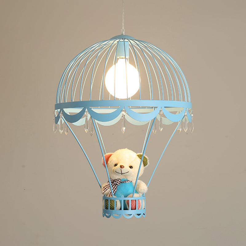 Hot Air Balloon Bedside Ceiling Light Metal Single Cartoon Hanging Lamp with Bear and Crystal Accent Clearhalo 'Ceiling Lights' 'Pendant Lights' 'Pendants' Lighting' 2187747